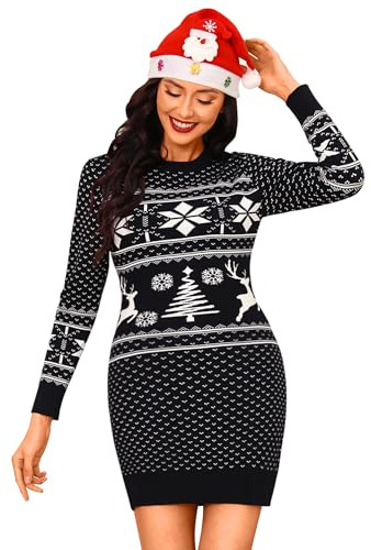 Cowasto Weihnachtskleid Damen Rundhals Schneeflocken Strickkleid | Langarm, Warme, Slim Fit, Weihnacht, für Herbst Winter Alltag Party Club
