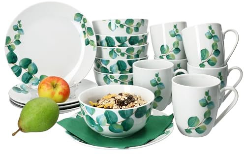 MamboCat Set de Petit-Déjeuner 18 Pièces Eucalyptus I 6 Assiettes, Bols 400 ml et Tasses à Café 340 ml pour 6 Personnes I Vaisselle en Porcelaine Décor Plantes Vertes