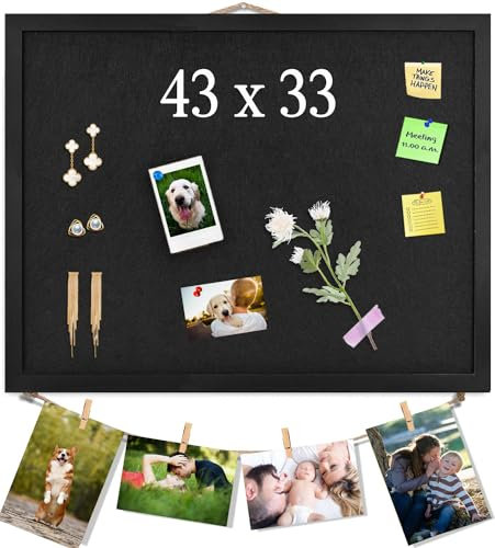 Schwarz Pinnwand aus Kork mit Filz, 43x33CM kleine Anzeigetafel, Memoboards, Filzboard Pinnwand für Wände, Schmuck, Notizen, Sammlungen, Fotos, Büro, Holzrahmen (Schwarz) & Filz (Schwarz), 1 Stück