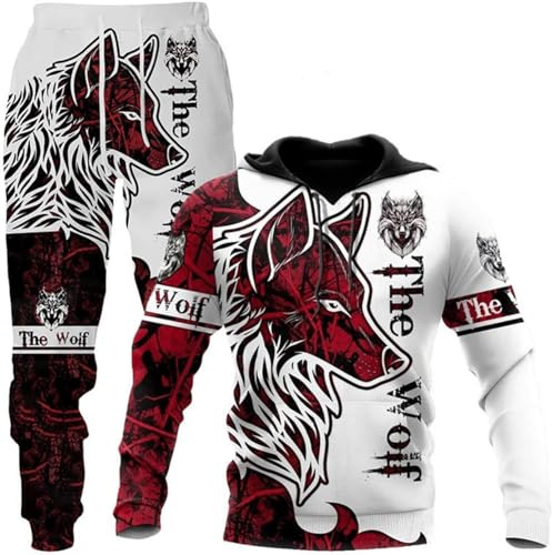 hiegi 3D Wolf Herren Jogging Anzug Trainingsanzug Sportanzug Fitness Sporthose Hoodie Hose Trainingsanzug mit Kapuze (F-Wolf 5,3XL)