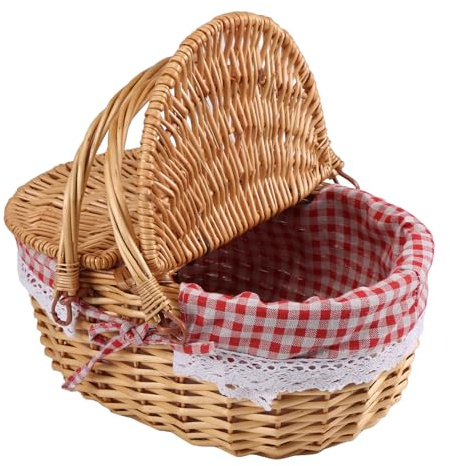 Povxlum Cestino da Picnic in Vimini con Doppio Coperchio, Pieghevole Manici Alti e Rivestimento Rimovibile - Ideale per Escursioni, e Decorazioni