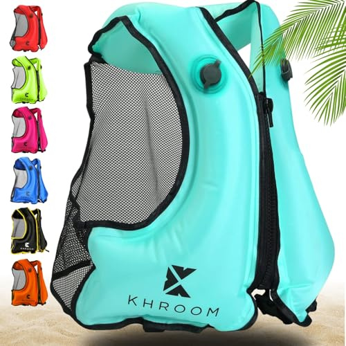 Khroom Aiuto al galleggiamento gonfiabile secondo l'ultima norma UE | per Adulti 150–210 cm, fino a 100 kg | Gilet da snorkeling gonfiabile | Giubbotto gonfiabile per Snorkel, Kayak, SUP (V2 turchese)