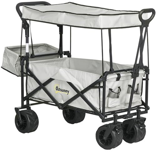 Outsunny 120L Festival Trolley on Wheels, Folding Camping Trolley Cart with Removable Canopy, All-Terrain Wheels, Adjustable Handle, Push or Pull for Garden Beach Fishing Shopping, Grey