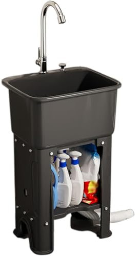 Lavello da Cucina Indipendente con Scrubber, Lavandino in Plastica PP con Ripiani E Tubo di Scarico Lavello Profondo da 26 cm per Lavanderia, Seminterrato, Garage