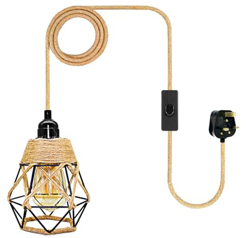 Hemp Rope Plug in Pendant Lighting Kit, 510 CM Cable E27 Lamp Holder with Switch und Diamond Shaped Metal Lampshade, Plug in Ceiling Light, Vintage Hanging Light, Rope Cord Light Fitting, No Bulb