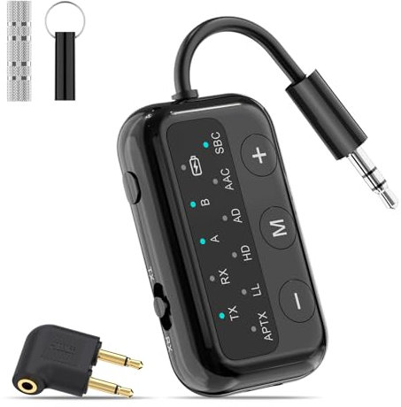 Lavales Adaptador Audio Bluetooth para Avión, Transmisor de Audio inalámbrico Jack 3,5mm para TV/Gimnasio/Coche, aptX Adaptive & Low Latency Bluetooth Transmisor Receptor para 2 Auriculares/Airpods