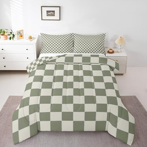 Erosebridal Plaid Comforter Set Twin Beige Sage Green Checkerboard Quilt Set Geometric Checkered Bedding Set for Kids Boys Girls, Aesthetic Grid Duvet Set Modern Room Decor 2 Pcs