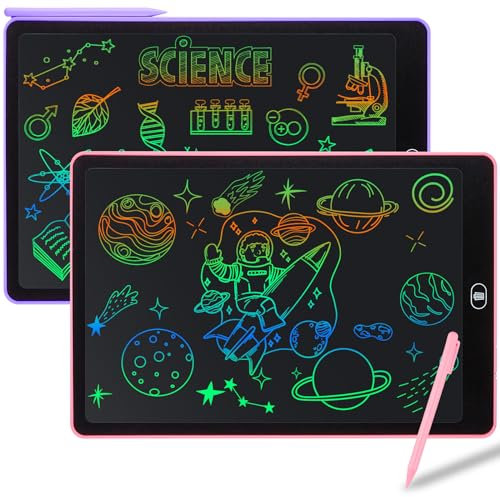 Damcyer Tavoletta Grafica LCD Scrittura 15 Pollici-2 Pezzi,LCD Tavoletta Grafica Bambini con Schermo Colorato,Taccuino Cancellabile con Adesivi Animali,per Ragazzi e Ragazze di età 3 4 5 6,Rosa+Viola