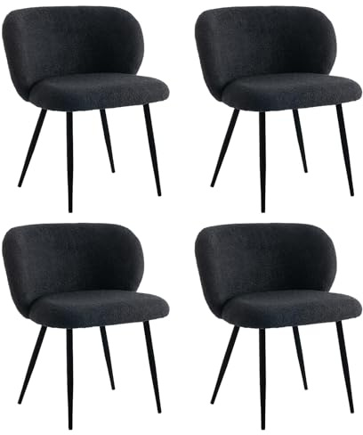 TUOMUR Modern Teddy Dining Chairs Set of 4, Comfy Kitchen Armless Chairs with Thick Cushions, Wingback Chair, Upholstered Dining Room Chairs with Metal Legs for Dining Room, Living, Black