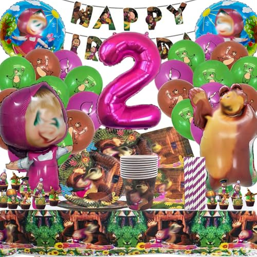 101 Stück Mascha Geburtstag Deko 2, Mascha Partygeschirr, Mascha Geburtstag Deko, M-ascha Geschirr Luftballons, Besteck Tortendeko Servietten Ballons Kuchen Dekoration G-eburtstag Deko