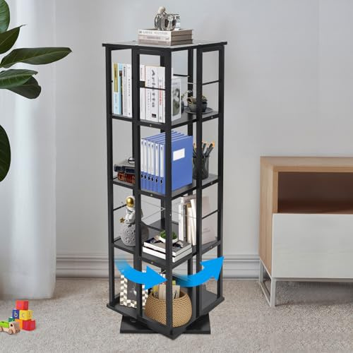 4-Etagen Drehbares Bücherregal Bodenstehendes Bücherständer Bücherhalter 360° Freistehend Buchhalter Lagerung von Büchern für Wohnzimmer Schlafzimmer Arbeitszimmer Buchhandlungen usw (Schwarz)