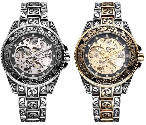JewelryWe Herrklocka vintage skelett automatisk klocka: 2 stycken 36 timmars gångreserv automatisk mekaniskt armbandsur män rostfritt stål automatisk klocka med lysande visare, diamantskala och