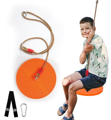 Rotating Disc Swing for Kids - 360° Swivel Seat, No Assembly, Portable Rope Swing - Indoor/Outdoor for Trees, 330lbs Capacity, Ages 3+ (Orange)