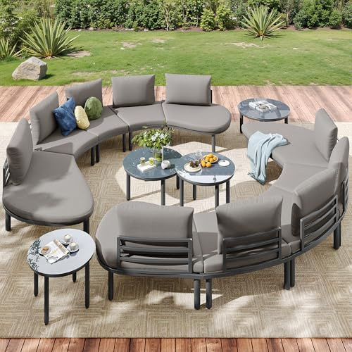 boorbin Gartenmöbel-Set (10 Sitzplätze), 4 Couchtische aus gehärtetem Glas, verzinkter Eisenrahmen, Bequeme Gartenmöbel mit grauen Sitzpolstern und Kissen, verstellbare Beine, Elegantes rundes Sofa