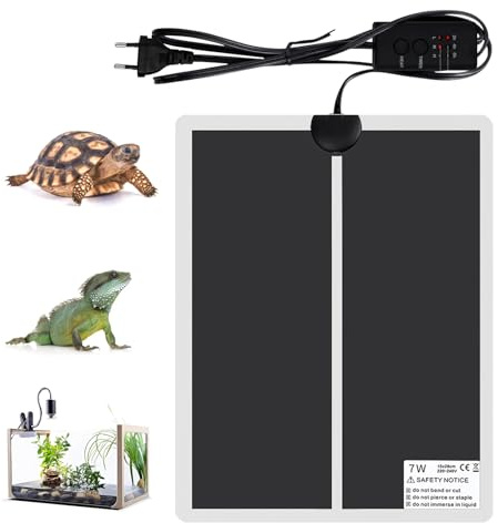 Geoyien Manta Termica Reptiles, Manta Termica Terrario, Control de Temperatura de Tres Velocidades, Resistente al Agua, Apagado Automático, para Reptiles y Anfibios (28 x 15 cm, 7 W)