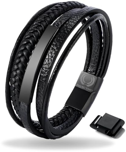 Mauro Vinci Lederarmband Herren Schwarz - Doppelkordelarmband mit Magnetverschluss - Verstellbar von 19,5cm bis 21cm und 21,5cm bis 23cm