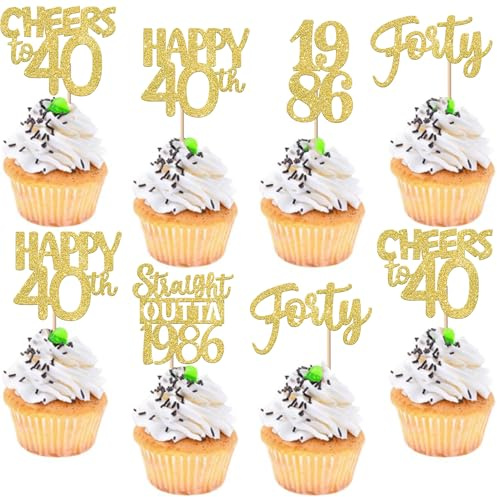 Xsstarmi 30 Pack Happy 40th Birthday Cupcake Toppers Gold Glitter Forty Straight Outta 1986 Cupcake Picks for Cheers to 40 Years 40th Birthday Anniversary Party Cake Decorations
