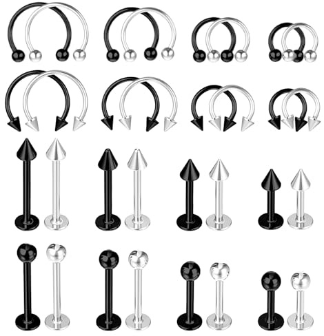 Heclia 32Pcs Lip Rings for Women, 16G Stainless Steel Horseshoe Labret Studs, Monroe Lip Barbell Ring, Snake Bite Piercing Jewelry, Helix Earring Daith Tragus Cartilage Surgical Steel Medusa Jewelry C
