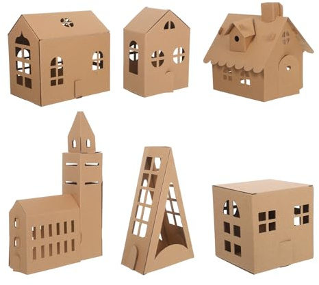 GARVALON 6 Stück Teiliges Miniatur Papphaus Bastelset für Stabiles DIY Kartonhaus zum Bemalen und Bauen Sicherer Papiermodell Bausatz für Kindergarten Schule und Kreative Gruppenaktivitäten