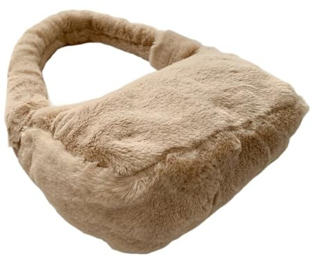 GOXQIT Enfärgad plysch axelväska kvinnor handväska väskor puffig tygväska för resor, BEIgE, En storlek