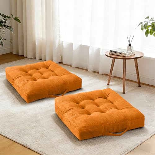 Cyditan 2 Pack Tufted Velvet Floor Pillows Orange Portable Seat Cushions with Handle, Floor Cushion Pillow Seats for Stadium Patio Dining Chairs 18x18 Inch