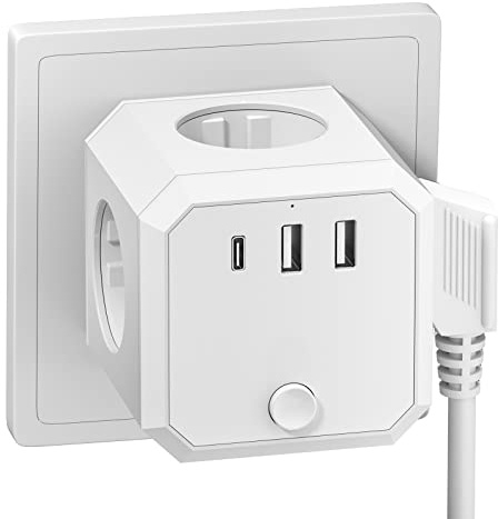 Steckdosenleiste mit USB C, Steckdosenwürfel 4 Fach und 3 USB, 7 in 1 Steckdosenadapter, Verteilersteckdose Steckerleiste