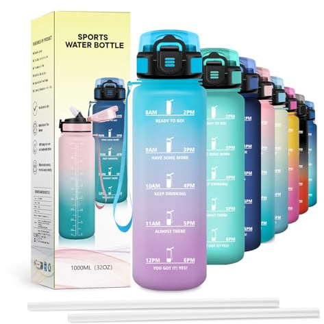 JAPORIA Borraccia Sportiva 1L, Bottiglia Motivazionale con Cannuccia, Antigoccia, Capacità Grande, Riutilizzabile, per Palestra, Ciclismo, Yoga