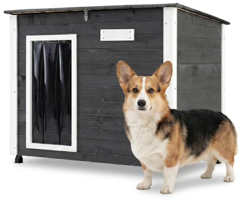 COSTWAY Niche pour Chien Exterieur en Bois, Chenil pour Chien, Toit Ouvrant Bitumé, PVC Rideau, Plaque Nominative, Base Surélevé, pour Moyen et Petit Animaux, 85 x 56 x 64 cm