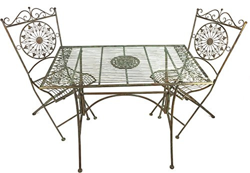 Crispe home & garden Almeria Gartenmöbel-Set | Tisch 170x80x75 cm und 2 Stühle 48x50x98 cm | Antikgrün | Metall pulverbeschichtet | Landhausstil | Balkon Terrasse Garten