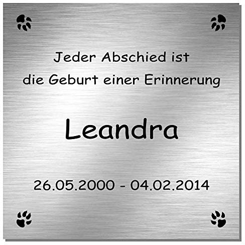 Edelstahl Grabschmuck, Grabschild, Gedenktafel für Hunde, Katzen und andere Tiere mit individueller Laser-Gravur, Größe ca. 100 mm x 100 mm * Modell Leandra