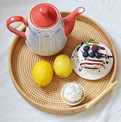 DOKOT Round Rattan Serving Tray with Handles Woven Bread Basket for Home and Kitchen Table (32cm)