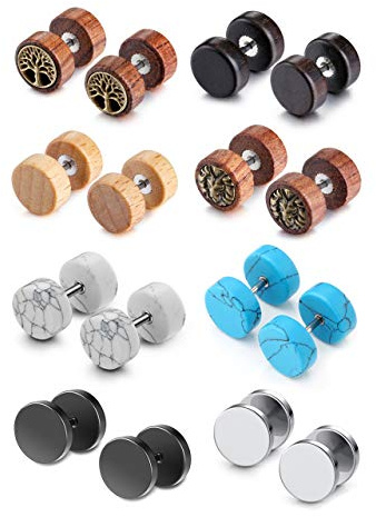 JOVIVI 8 Pairs 18G/16G Wood Faux Gauges Earrings For Men Women Punk Stainless Steel Turquoise Barbell Stud Earrings Fake Flesh Ear Tunnels Expander Plugs 00G Gauge Look