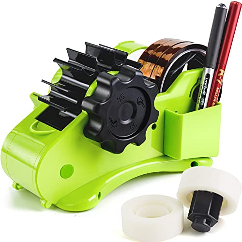 ZHAJIANG Green Packaging Tape Dispenser with Compartment Slot and 1& 3 Dual-roll cores,semi-Automatic Desk 3/4 Heat Tape Dispenser & Cut, Designed for Office,School and Warehouse.