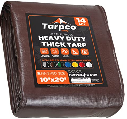 Tarpco Safety Heavy Duty 245 GSM/ 14 Mil Tarp Cover, Waterproof, UV Resistant, Rip and Tear Proof, Poly Tarpaulin with Reinforced Edges for Roof, Boat (Brown/Black 10′ X 20′ | 3m X 6.1m)