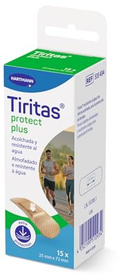 Tiritas Protect Plus: Apósitos con efecto acolchado para realizar actividades con normalidad; Protege heridas, cortes y rozaduras; Flexibles y transpirables; 25x72mm; 15 unidades