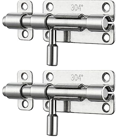 JQK Door Latch Lock Barrel Bolt 4 Inch, 304 Stainless Steel Slide Gate Latches Security Thickened 1.4mm with Padlock Hole, Silver, 2 Pack HBB120-P2