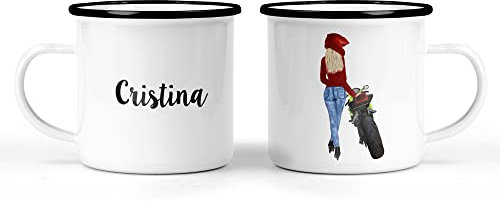Tazza in Alluminio Smaltato Personalizzata con Disegno di Ragazza in Moto – Idea Regalo per Motociclista o Biker Donna – Tazza da Zaino per Campeggio, Viaggi o Tempo Libero