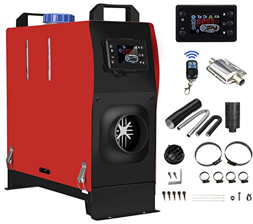 Calentador de Aire Diesel 24V 5KW Calefacción Estacionaria con Silenciador Pantalla LCD y Control Remoto, Calentador Coche para Vehículos,Coche,Camiones,Autobús etc,Rojo,1 Hole