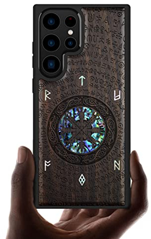 Carveit Designer Wooden Case for Samsung Galaxy S23 Ultra Case Cover [Wood Engraving & Shell Inlay] Unique Wood Phone Case Compatible with Wireless Chargers Galaxy S23 Ultra Case (Viking-Blackwood)
