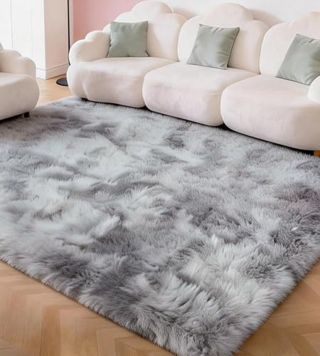 MARATIP Teppich Wohnzimmer Batik Hellgrau 200x300 cm flauschig | Hochflor-Teppich, waschbar, rutschfest, weich. Ideal für offene Räume, Esszimmer und große Schlafzimmer.