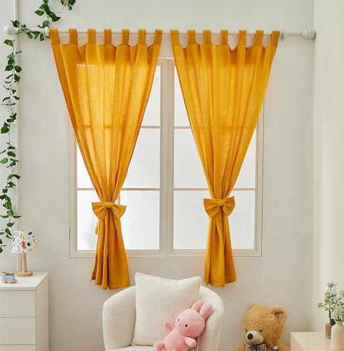 ALAVYA HOME® Blickdichte Kurz Musselin Gardinen 2er Set 100x150 cm – Vorhänge 100% Bio-Baumwolle Thermo Verdunklung Isolierend mit Schlaufen & Schleife für Kinderzimmer, Wohnzimmer - Senfgelb