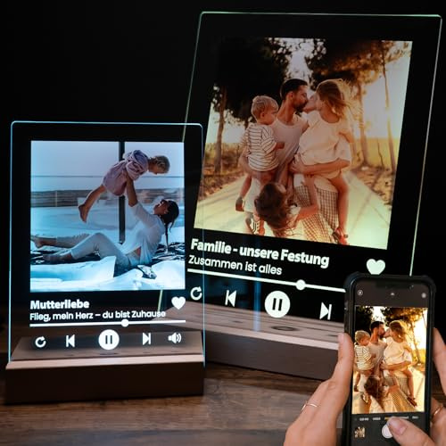 Personalisiertes Geschenk Spotify Glas mit Foto & Song – Acryl Bilderrahmen mit QR Code & LED Standfuß kabellos mit Fernbedienung – für Einschulung, Freundin, Freund, Familie