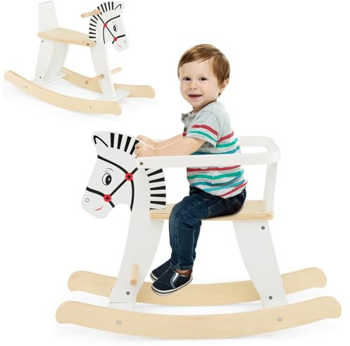 COSTWAY Caballito de Madera de Balancín, Balancines para Bebes con Vallas Extraíbles, Equilibrio Suave de 11-22 Grados, Asiento y Respaldo Cómodos, Caballo Mecedor de Madera para Niños de 3+ Años