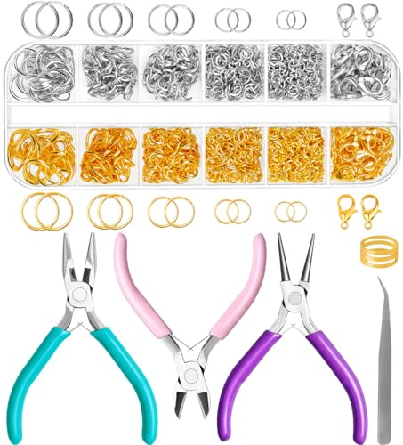1070 Stück Golden Silber Biegeringe set für Schmuckherstellung, 3pcs Schmuckzange, Biegering and Verschlüsse Set mit Pinzette Biegeringöffner für Armbänder Halsketten Ohrringe Schmuckreparatur Zubehör