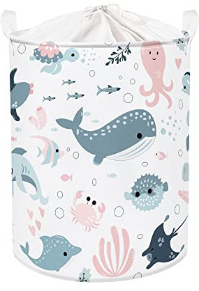 Clastyle Meerestiere Kinder Wäschekorb mit Henkel Krabben Kleidung Spielzeug Aufbewahrungskorb Jungen Mädchen Aufbewahrungsbox für Babyzimmer Bad, Rosa Walfisch, 40 * 50 cm