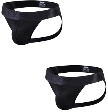 JOCKMAIL Mens Jockstrap Underwea Athletic Supporter Performance Jockstrap Elastic 2 Pack (US, Alpha, Large, Regular, Regular, Black)