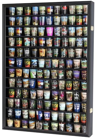 144 Shot Glass Shooter Display Case, Glass Collection Hollder Wall Mount Cabinet, UV Protection, Removable Shelves, Black Finish