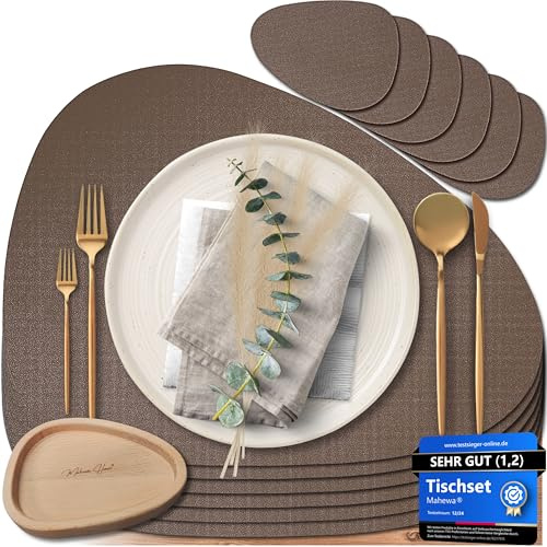 Mahewa® 6er Set Premium Tischset aus Kunstleder - Platzset abwaschbar und wasserdicht - Platzdeckchen Telleruntersetzer in Lederoptik (Kupfer/Holzkohle, Oval mit Halter)