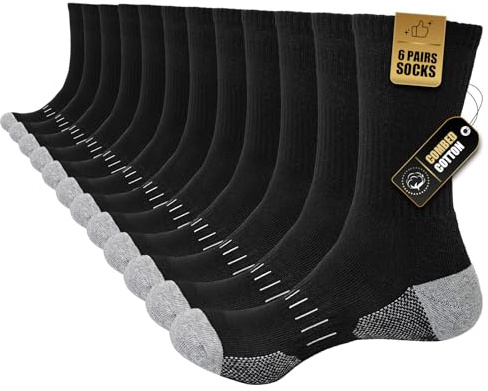Stoeury Calzini Uomo 6 Paia, Calze in Cotone Senza Cuciture, Calzini Spugna Sportivi Traspiranti e Antivesciche, Ideali per Lavoro, Sport, Running, Trekking, Casual, Nero, 39-42