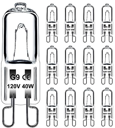 Jaenmsa G9 Halogen Light Bulbs 2 Pin 40W, 12 Pcs Xenon G9 Bulb 40 Watt 120V, JCD T4 Halogen G9 Bi-Pin Small Light Bulb for Microwave Oven, Range Hood Light, Bathroom Light Bulb, Chandeliers, Dimmable